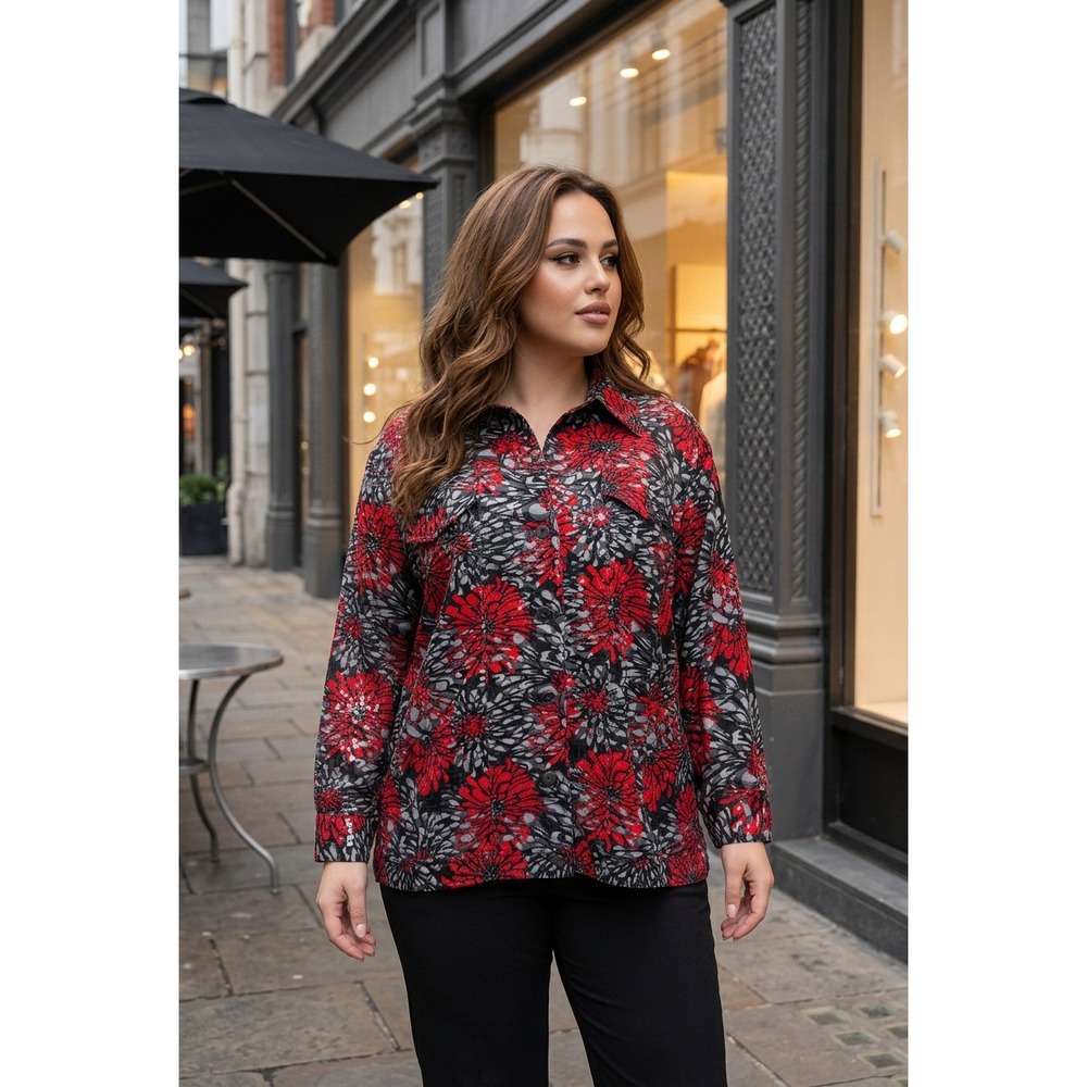 Ruby Rd Woman Red Black Floral Textured Button Front Jacket Top Plus Sz 22W Chic